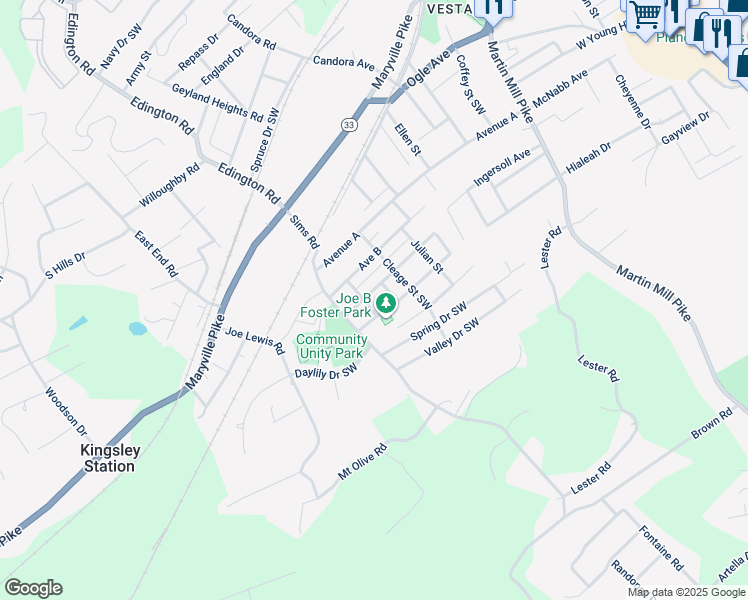 map of restaurants, bars, coffee shops, grocery stores, and more near 1100 Avenue C in Knoxville