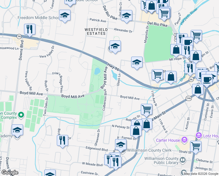 map of restaurants, bars, coffee shops, grocery stores, and more near 609 Boyd Mill Avenue in Franklin