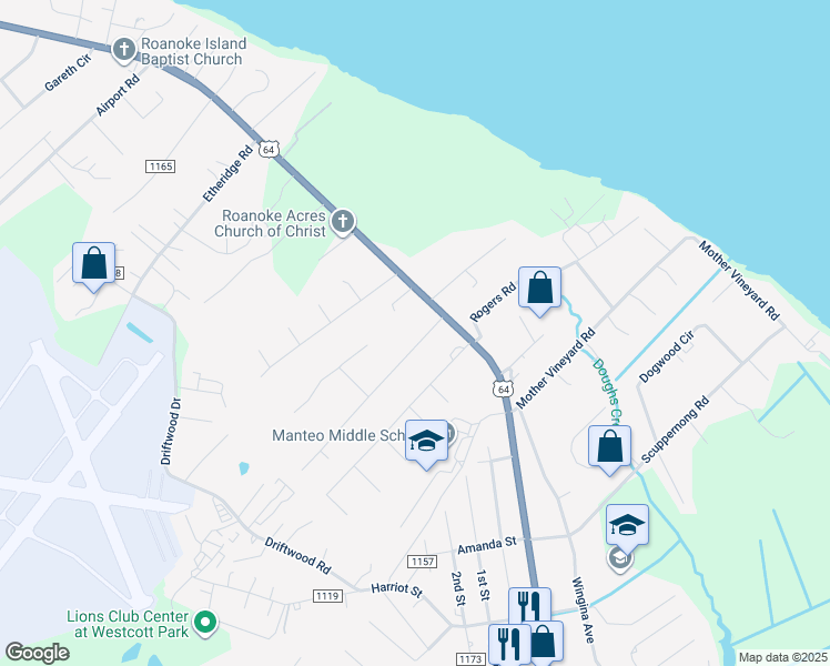 map of restaurants, bars, coffee shops, grocery stores, and more near 113 Meekins Dr in Manteo