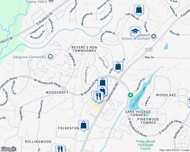 map of restaurants, bars, coffee shops, grocery stores, and more near 200 West Woodcroft Parkway in Durham