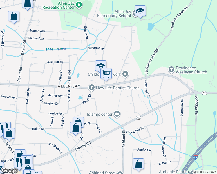 map of restaurants, bars, coffee shops, grocery stores, and more near 1204 East Fairfield Road in High Point