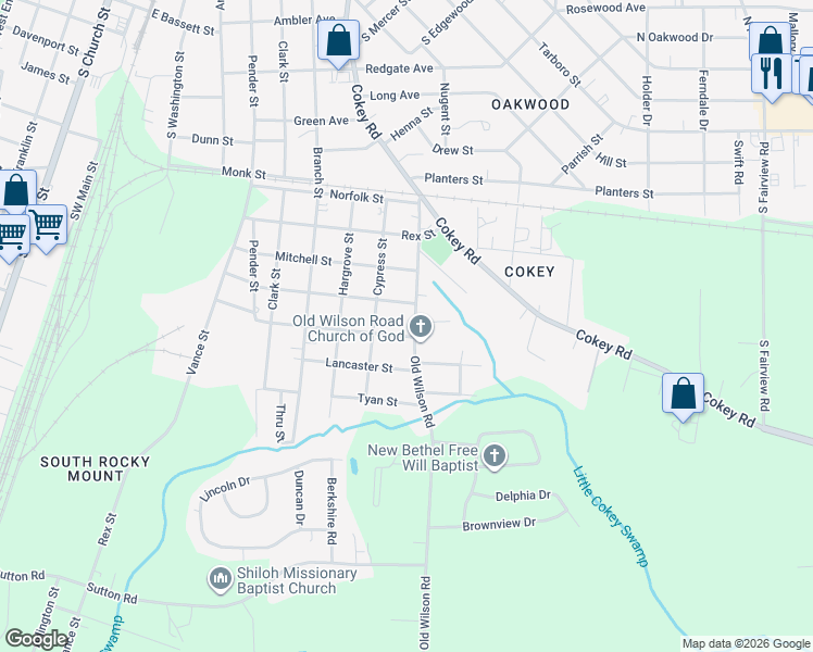 map of restaurants, bars, coffee shops, grocery stores, and more near 1502 Old Wilson Road in Rocky Mount