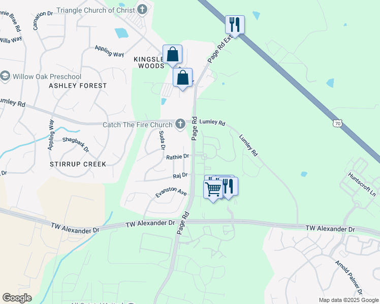 map of restaurants, bars, coffee shops, grocery stores, and more near 2109 Rathie Drive in Durham