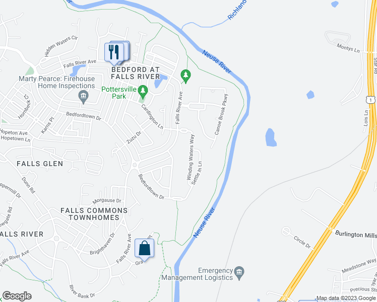 map of restaurants, bars, coffee shops, grocery stores, and more near 3105 Winding Waters Way in Raleigh