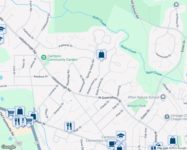 map of restaurants, bars, coffee shops, grocery stores, and more near 213 Robert Hunt Drive in Carrboro