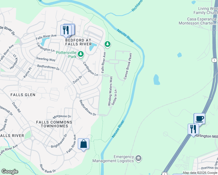 map of restaurants, bars, coffee shops, grocery stores, and more near 3105 Winding Waters Way in Raleigh