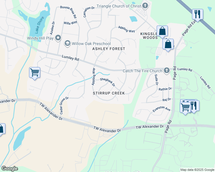 map of restaurants, bars, coffee shops, grocery stores, and more near 2905 Scuppernong Lane in Durham