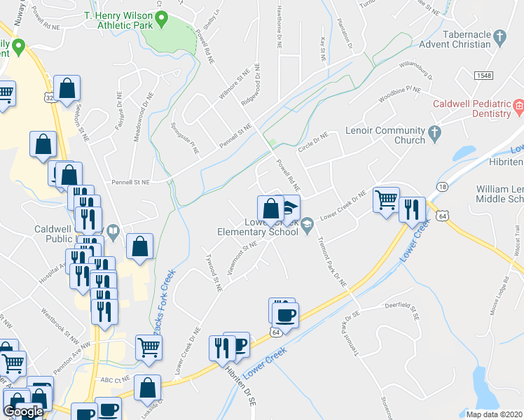 map of restaurants, bars, coffee shops, grocery stores, and more near 418 Powell Circle Northeast in Lenoir