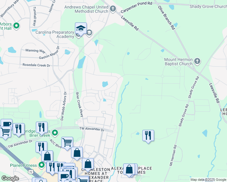 map of restaurants, bars, coffee shops, grocery stores, and more near 511 Andrews Chapel Road in Durham