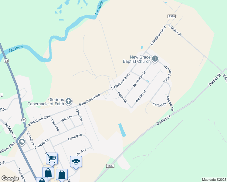 map of restaurants, bars, coffee shops, grocery stores, and more near 2504 Pecan Drive in Tarboro
