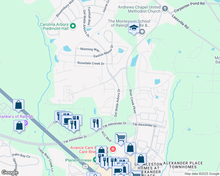 map of restaurants, bars, coffee shops, grocery stores, and more near 116 Comptonfield Drive in Durham