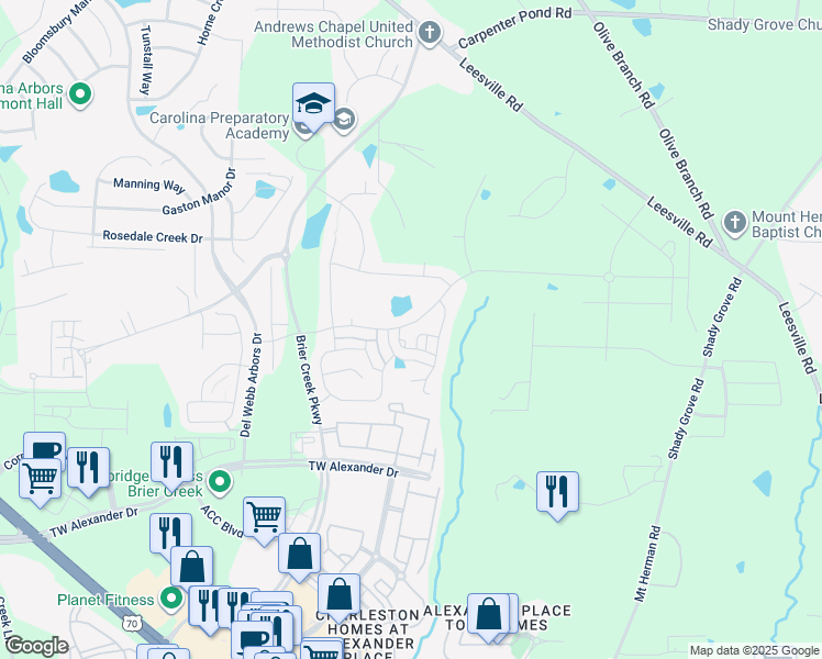 map of restaurants, bars, coffee shops, grocery stores, and more near 1412 Farm Pond Trail in Durham