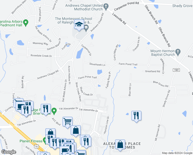 map of restaurants, bars, coffee shops, grocery stores, and more near 1412 Farm Pond Trail in Durham