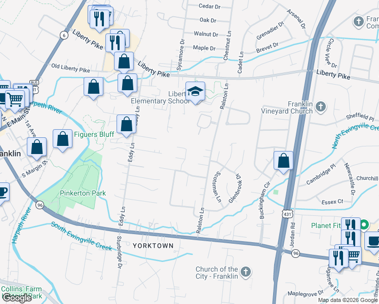 map of restaurants, bars, coffee shops, grocery stores, and more near 428 Dragonfly Court in Franklin