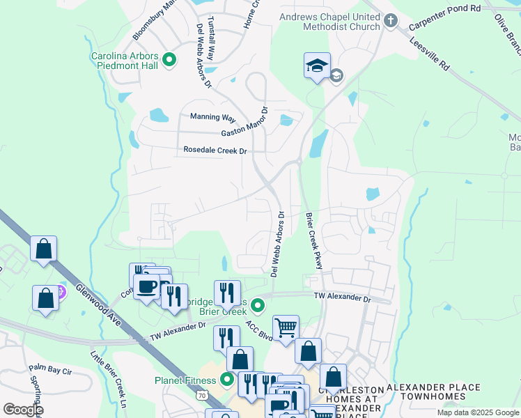 map of restaurants, bars, coffee shops, grocery stores, and more near 116 Comptonfield Drive in Durham