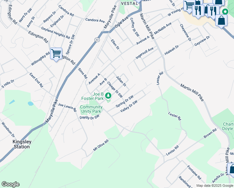 map of restaurants, bars, coffee shops, grocery stores, and more near 1001 Drive East in Knoxville