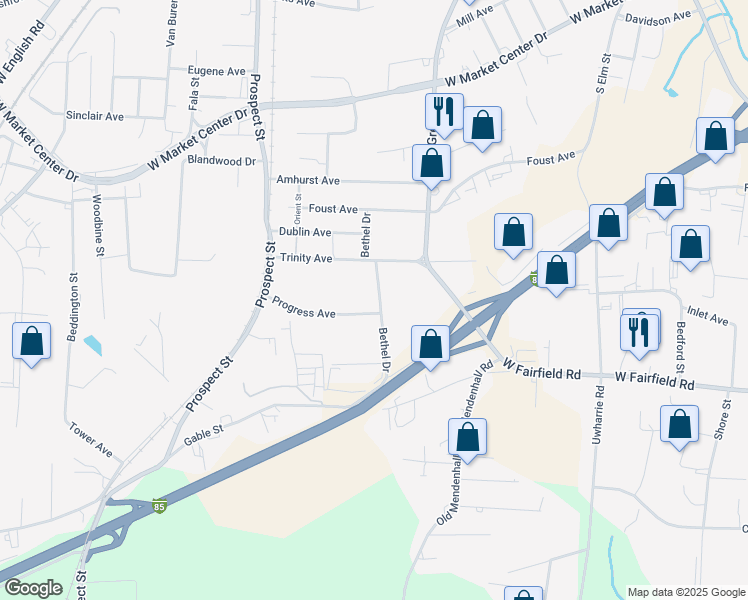 map of restaurants, bars, coffee shops, grocery stores, and more near 1418 Bethel Drive in High Point