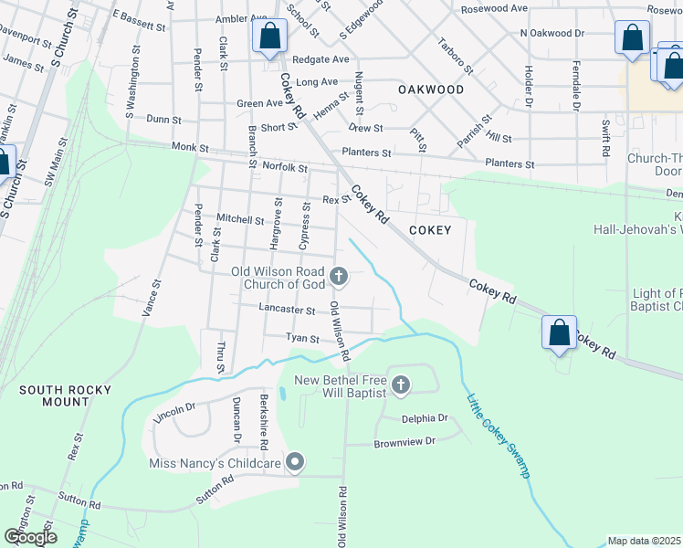 map of restaurants, bars, coffee shops, grocery stores, and more near 1502 Old Wilson Road in Rocky Mount