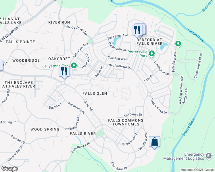 map of restaurants, bars, coffee shops, grocery stores, and more near 2110 Breezeway Drive in Raleigh