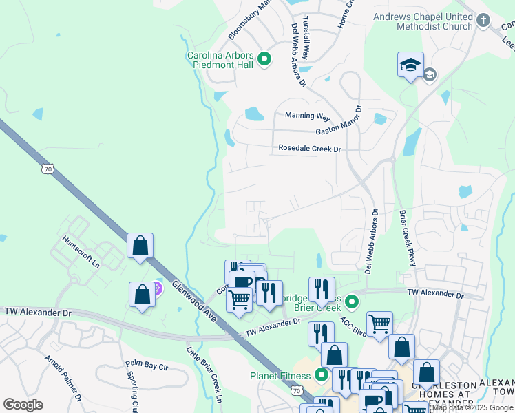 map of restaurants, bars, coffee shops, grocery stores, and more near 1025 Andrews Chapel Road in Durham