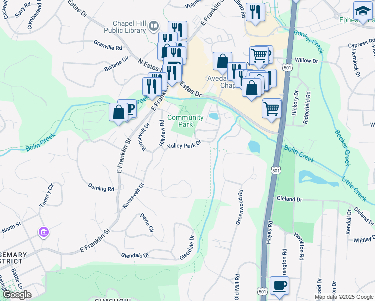 map of restaurants, bars, coffee shops, grocery stores, and more near 212 Valley Park Drive in Chapel Hill