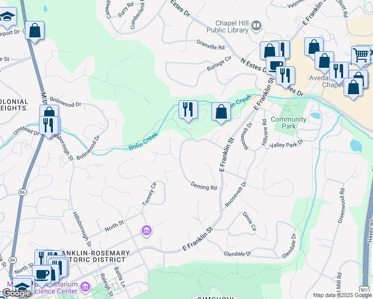 map of restaurants, bars, coffee shops, grocery stores, and more near 200 Deepwood Road in Chapel Hill