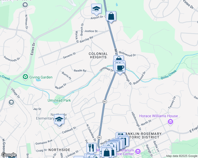 map of restaurants, bars, coffee shops, grocery stores, and more near 224 Greene Street in Chapel Hill