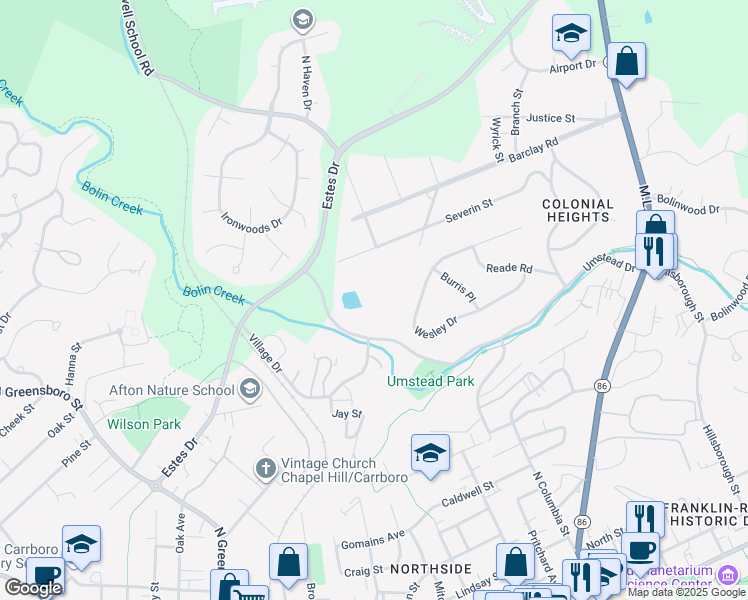 map of restaurants, bars, coffee shops, grocery stores, and more near 351 Wesley Drive in Chapel Hill