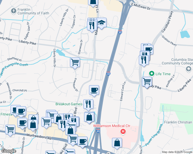 map of restaurants, bars, coffee shops, grocery stores, and more near 300 Royal Oaks Boulevard in Franklin