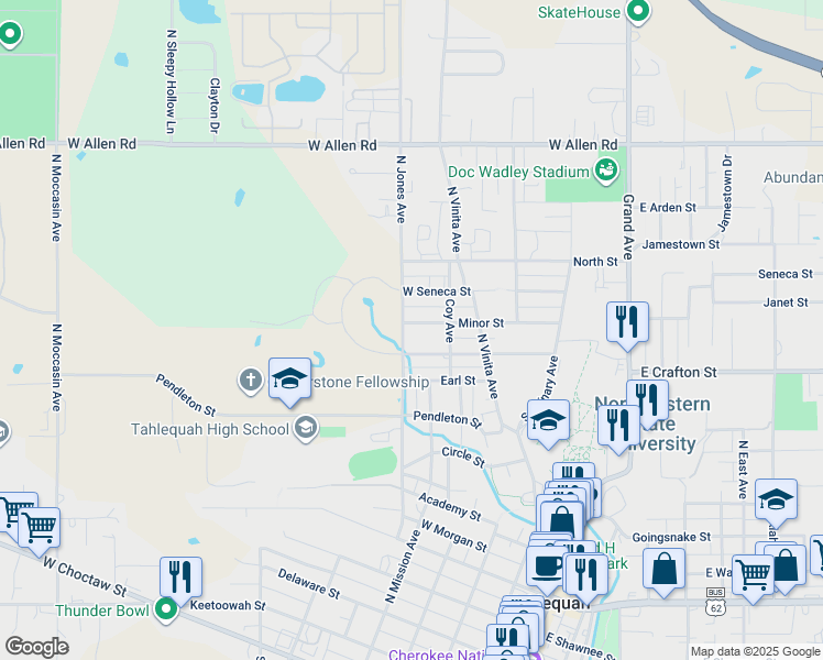 map of restaurants, bars, coffee shops, grocery stores, and more near 426 York Street in Tahlequah