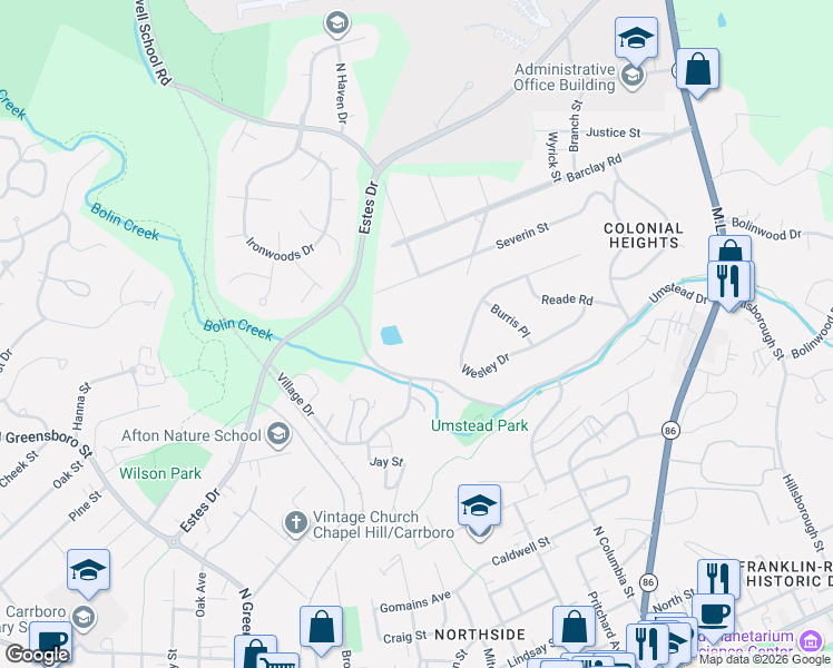 map of restaurants, bars, coffee shops, grocery stores, and more near 500 Umstead Drive in Chapel Hill