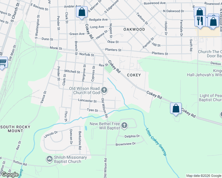 map of restaurants, bars, coffee shops, grocery stores, and more near 1429 Old Wilson Road in Rocky Mount