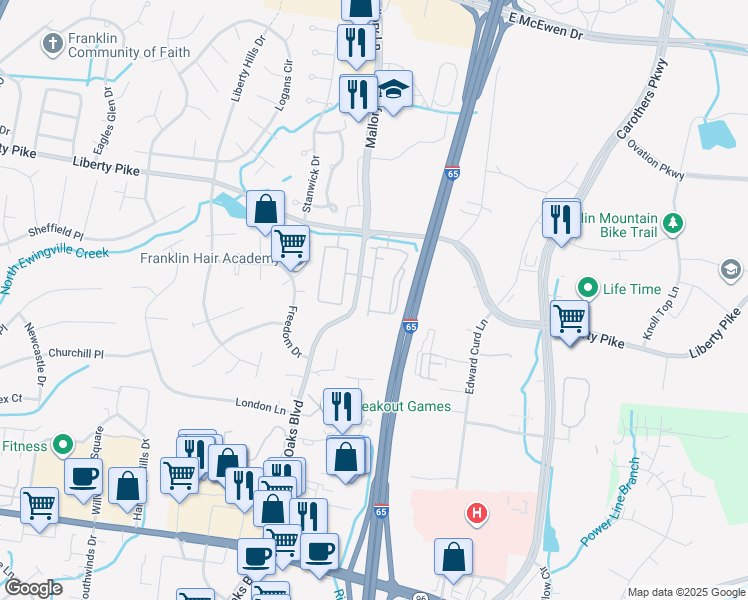 map of restaurants, bars, coffee shops, grocery stores, and more near 300 Royal Oaks Boulevard in Franklin