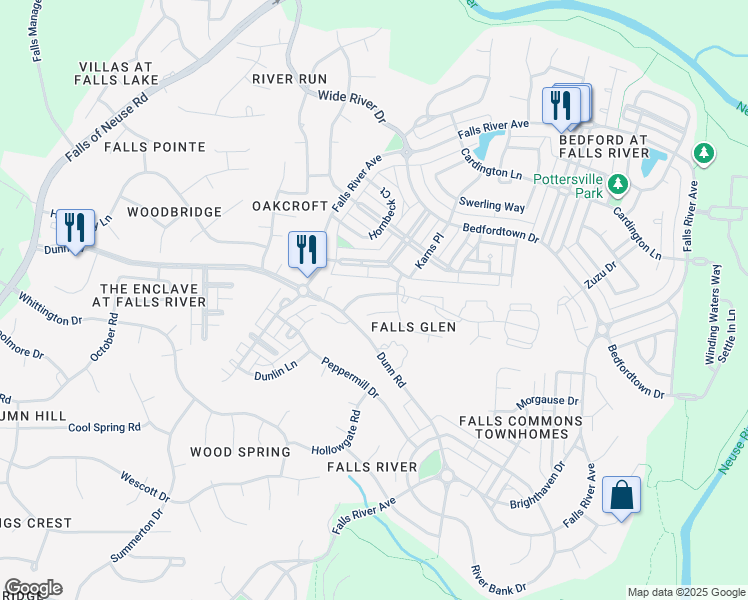 map of restaurants, bars, coffee shops, grocery stores, and more near 1908 Falls Landing Drive in Raleigh