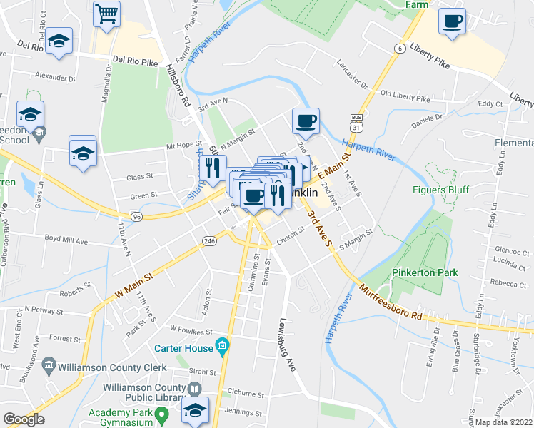 map of restaurants, bars, coffee shops, grocery stores, and more near 419 Main Street in Franklin