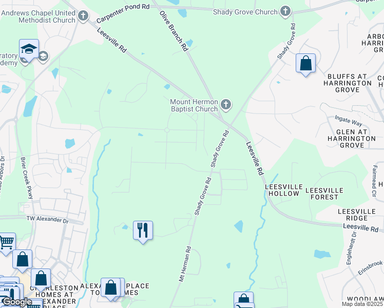 map of restaurants, bars, coffee shops, grocery stores, and more near 2512 Maplemere Court in Durham