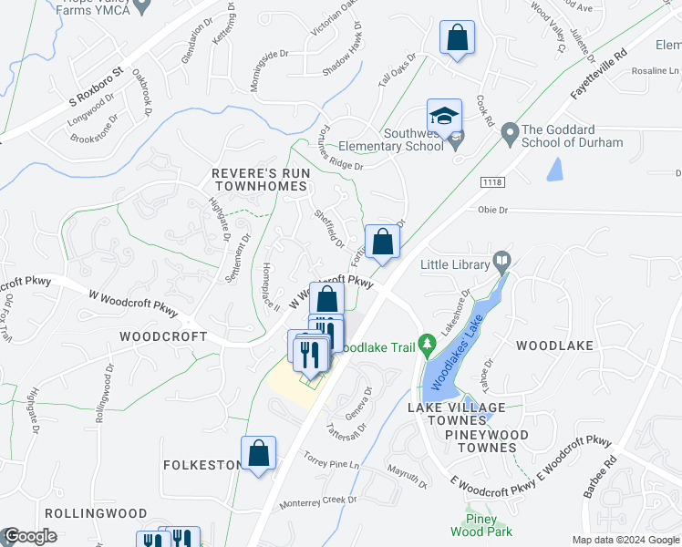 map of restaurants, bars, coffee shops, grocery stores, and more near 300 West Woodcroft Parkway in Durham