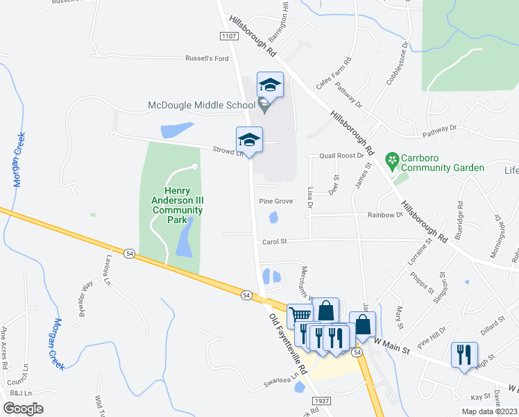 map of restaurants, bars, coffee shops, grocery stores, and more near 802 Old Fayetteville Road in Chapel Hill