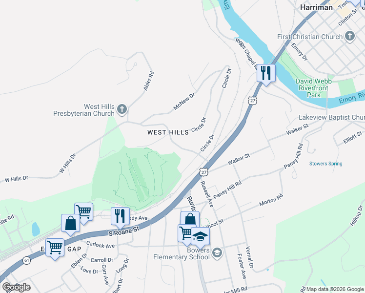 map of restaurants, bars, coffee shops, grocery stores, and more near 217 West Hills Drive in Harriman