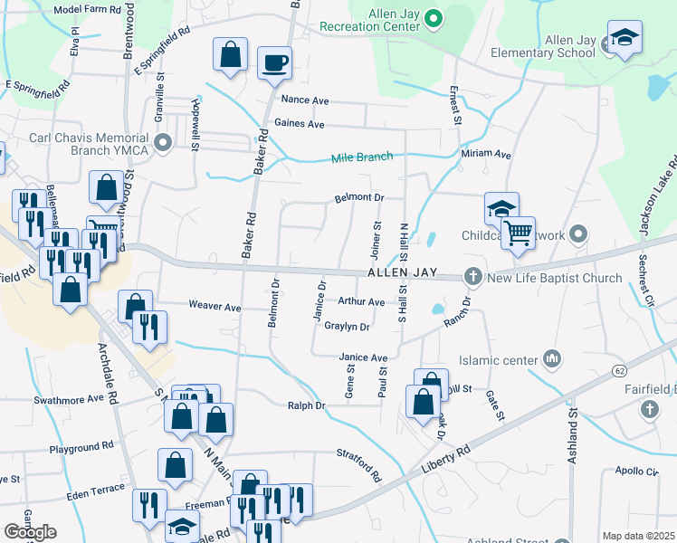 map of restaurants, bars, coffee shops, grocery stores, and more near 2799 Janice Drive in High Point