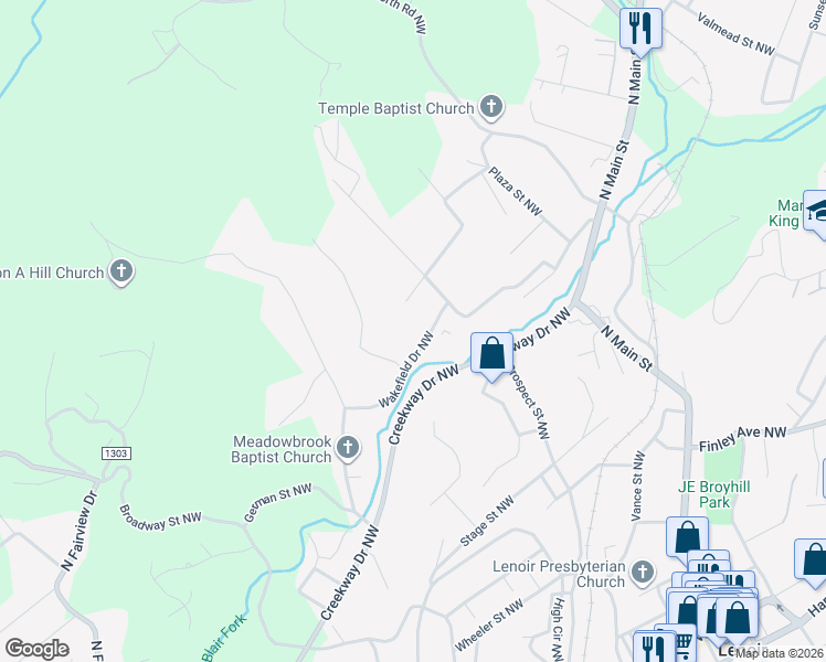 map of restaurants, bars, coffee shops, grocery stores, and more near 1410 Wakefield Drive Northwest in Lenoir