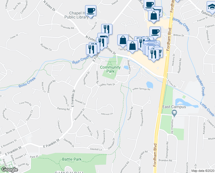 map of restaurants, bars, coffee shops, grocery stores, and more near 212 Valley Park Dr in Chapel Hill
