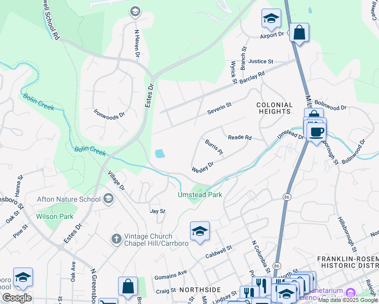 map of restaurants, bars, coffee shops, grocery stores, and more near 353 Wesley Drive in Chapel Hill
