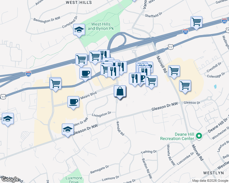 map of restaurants, bars, coffee shops, grocery stores, and more near 7900 Hayden Drive Northwest in Knoxville