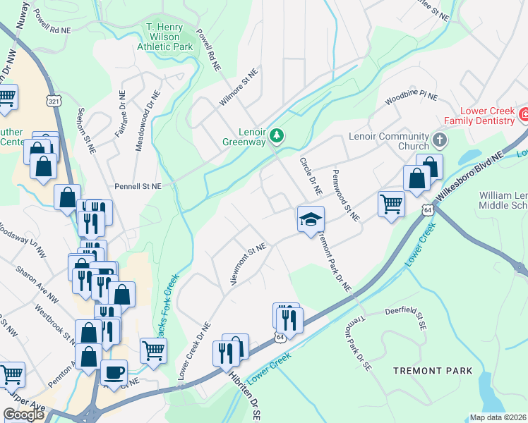 map of restaurants, bars, coffee shops, grocery stores, and more near 421 Powell Circle Northeast in Lenoir