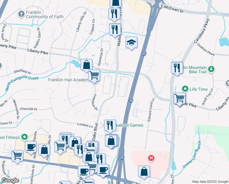map of restaurants, bars, coffee shops, grocery stores, and more near Royal Oaks Boulevard in Franklin