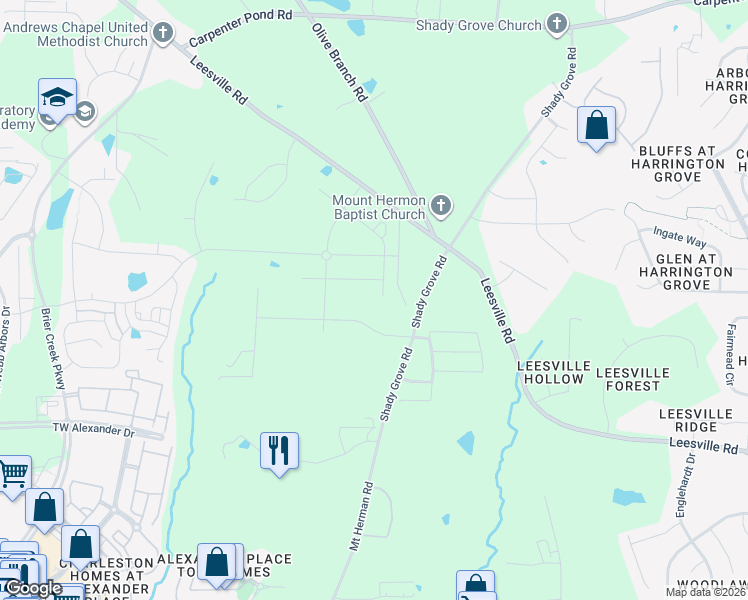 map of restaurants, bars, coffee shops, grocery stores, and more near 2512 Maplemere Court in Durham