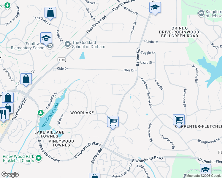 map of restaurants, bars, coffee shops, grocery stores, and more near 5510 Grand Mesa Drive in Durham