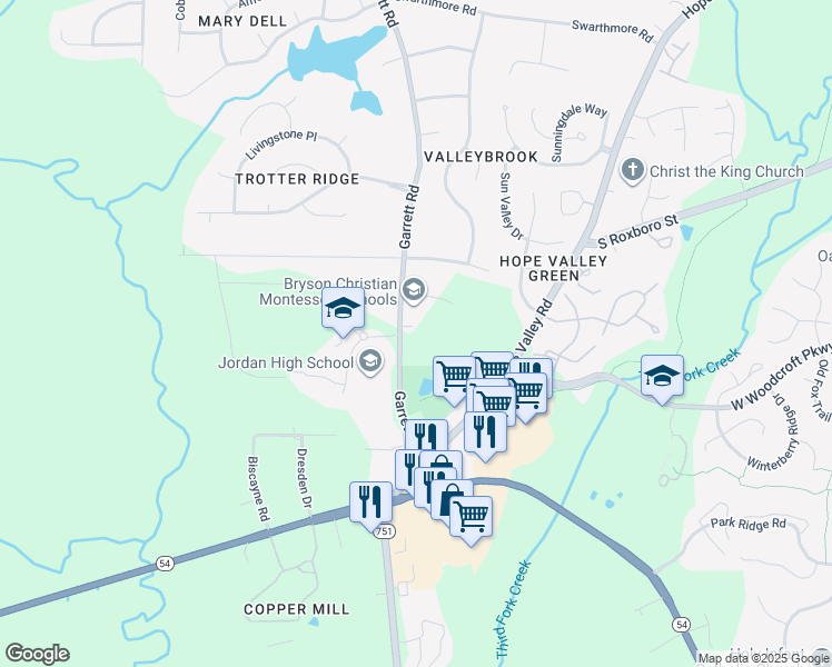 map of restaurants, bars, coffee shops, grocery stores, and more near 6800 Garrett Road in Durham