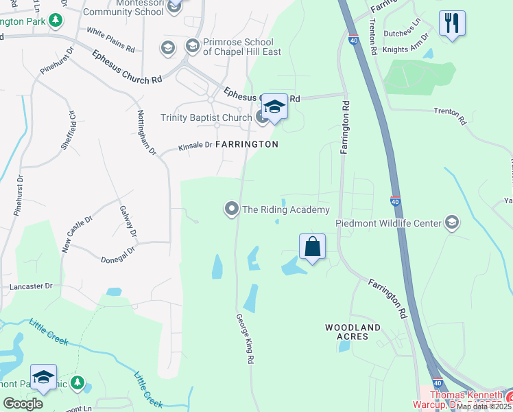 map of restaurants, bars, coffee shops, grocery stores, and more near 5201 George King Road in Durham